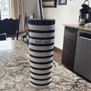 NEW Kate Spade Navy Blue and White Striped Insulated Travel Tumbler with Straw